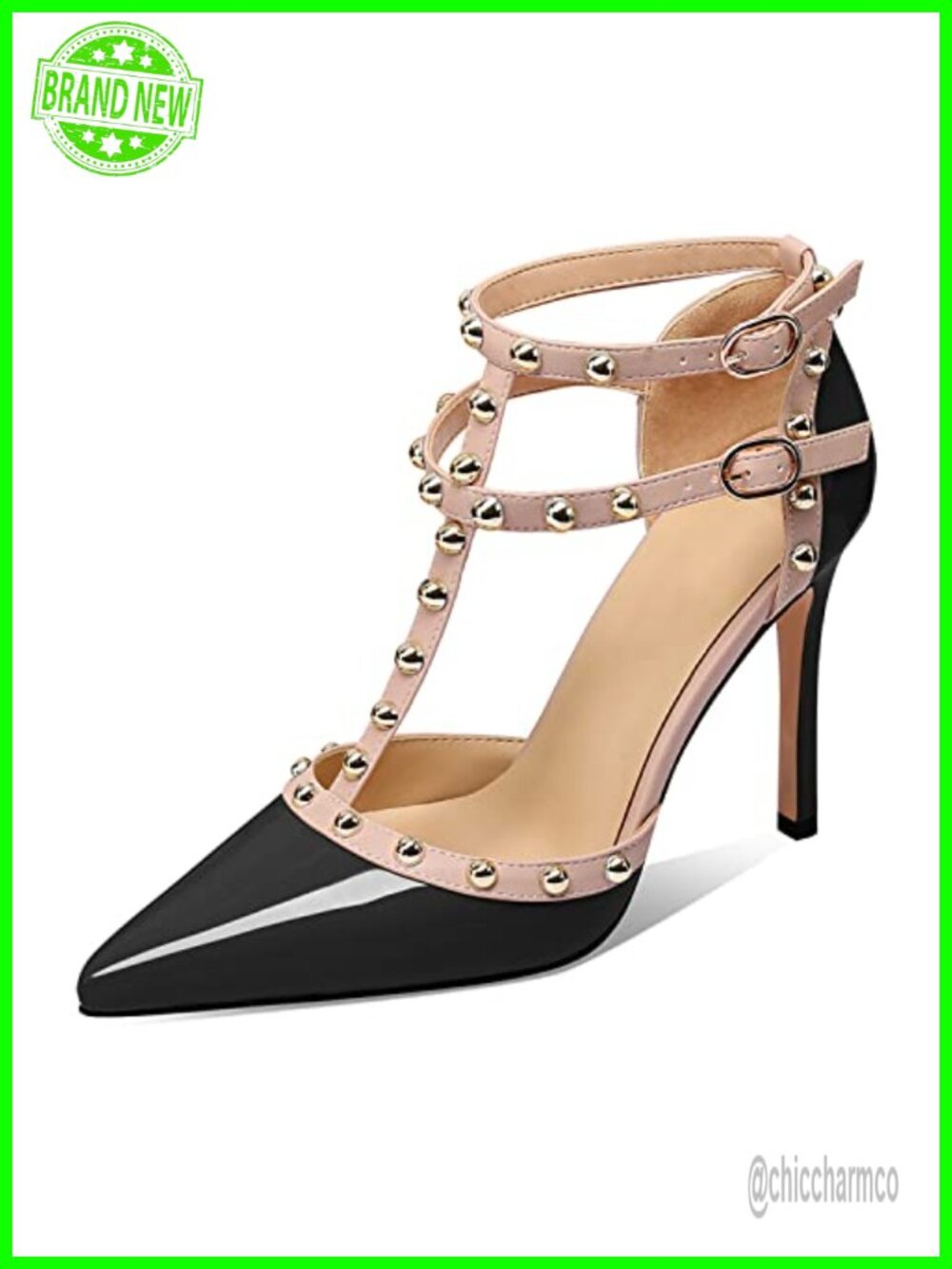 Studded Stiletto High Heels Pumps 4 Inch Patent Leather Ankle Strap Sandals